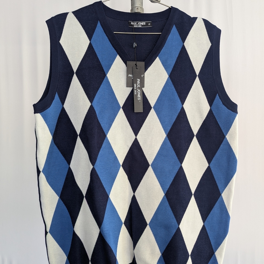 Paul Jones Men's V-Neck Argyle Sweater - Blue and White